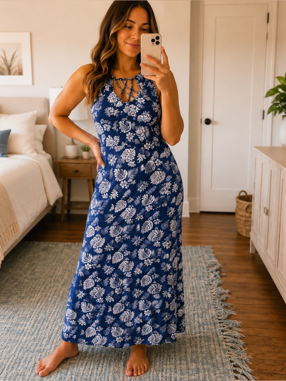 Blue Tropical Swim Cover Up Maxi Dress | Reversible Lace-Up/Scoop Neck |  Large